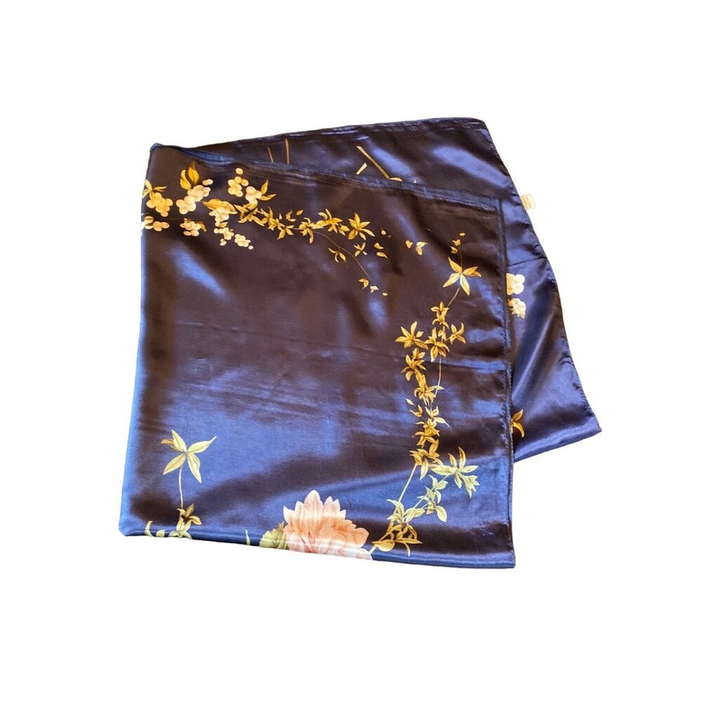 Navy Blue Silk Pink Peony Floral Silk Scarf